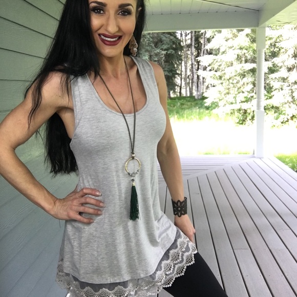 NEW heather grey long tunic sleeveless with lace - Picture 2 of 6